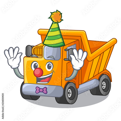 Clown character truck dump on trash construction