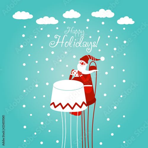 Funny Santa Claus drinking tea. Cute Christmas and New Year vector illustration card