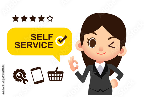 Vector cute female character with self service label and some icons