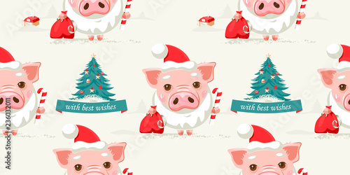 Vector Christmas seamless pattern with Pig, Santa Claus hat and beard