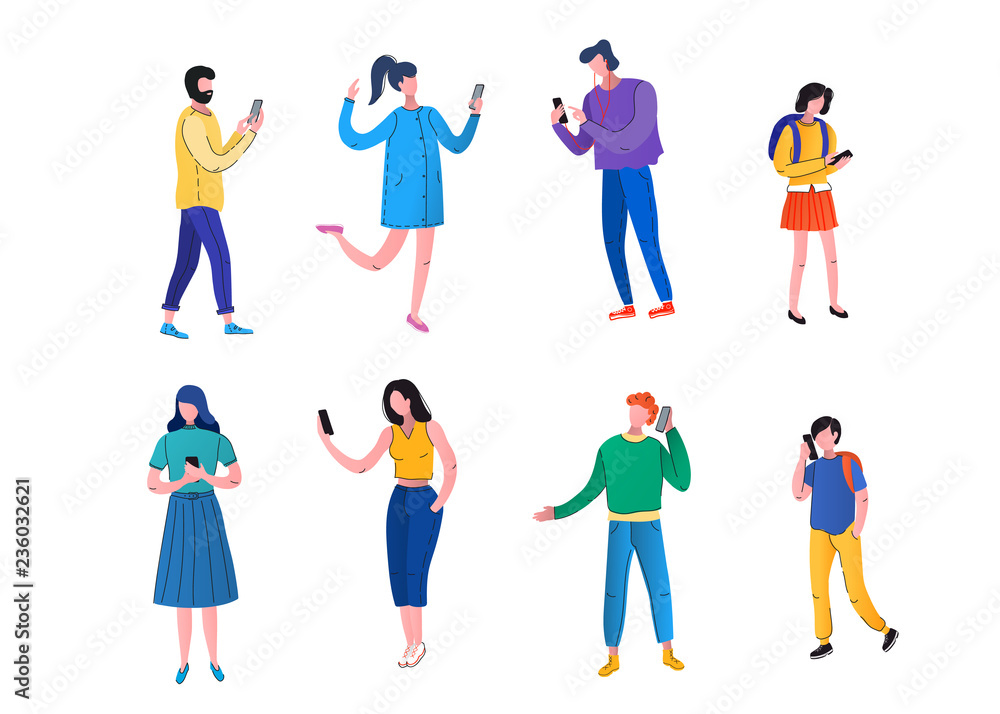 Men, women, teenagers use mobile phones.People hold phone to read messages, selfies and calls. Vector, flat.