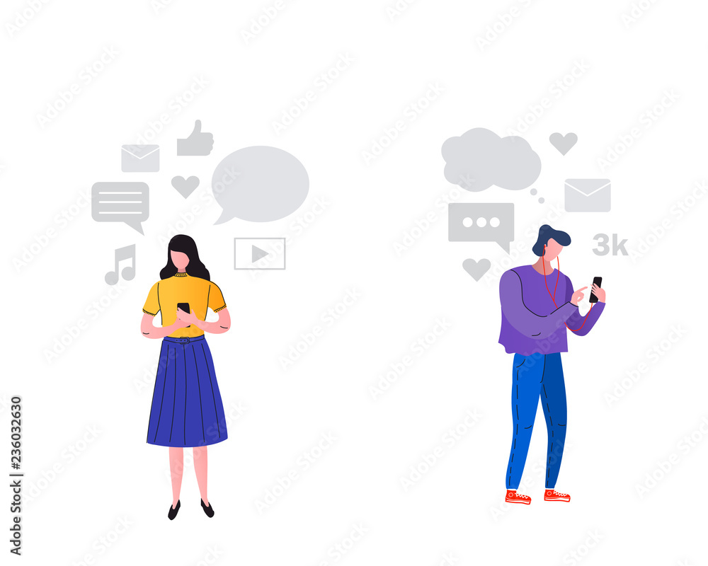 Man, woman use mobile phones.People hold phone to read messages, selfies and calls. Vector, flat Man, woman use mobile phones.People hold phone to read messages, selfies and calls. Vector, flat