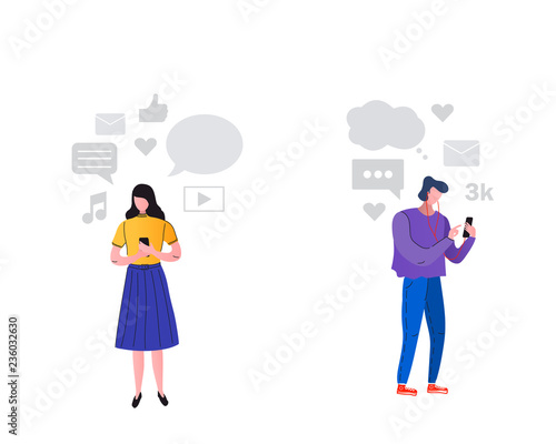 Man, woman use mobile phones.People hold phone to read messages, selfies and calls. Vector, flat