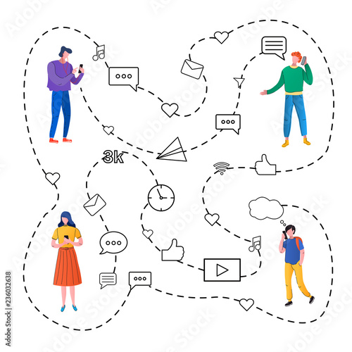 Men, women, teenagers use mobile phones.People hold phone to read messages, selfies and calls. Vector, flat.