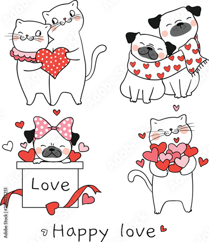 Draw portrait cat and pug dog for valentine day.