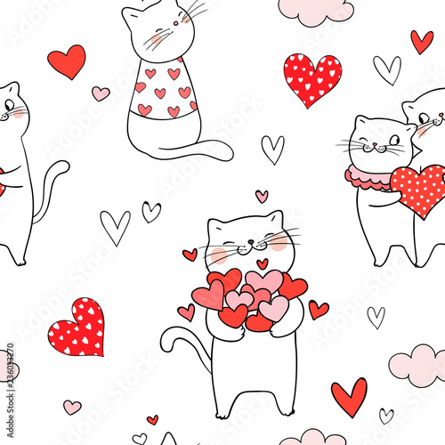 Draw seamless pattern cat with red heart for valentine day.