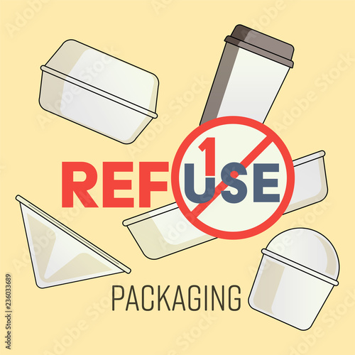 Typographic design with outline flat symbols of single-use plastic package. Refuse single-use packaging concept. Vector illustration. 