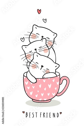Draw adorable cat sleep in cup of tea pink pastel color.