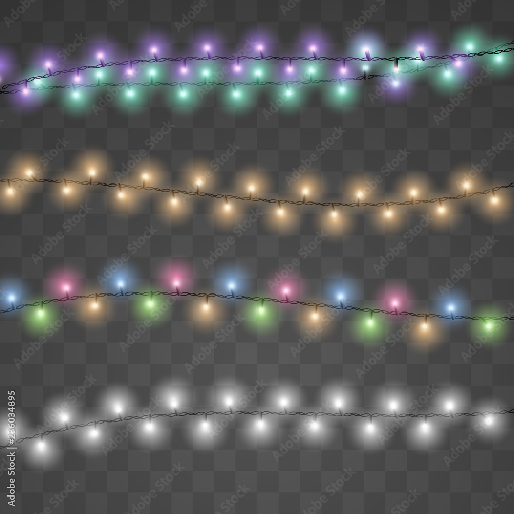 Christmas bulbs lights isolated realistic design elements. Colorful glowing lights for Xmas Holiday cards design. Realistic luminous garland decoration.