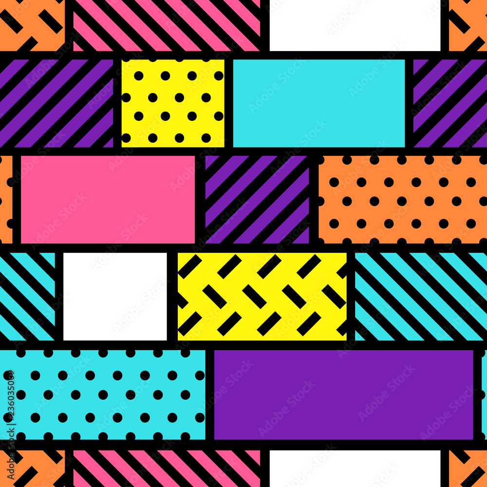Seamless geometric pattern in retro 90s style. Pop art background from  multicolored rectangles. Stock Vector | Adobe Stock