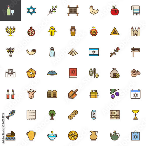 Judaism filled outline icons set, line vector symbol collection, linear colorful pictogram pack. Signs, logo illustration, Set includes icons as David star, Hebrew olives, Holy Jewish Torah, Hanukkah