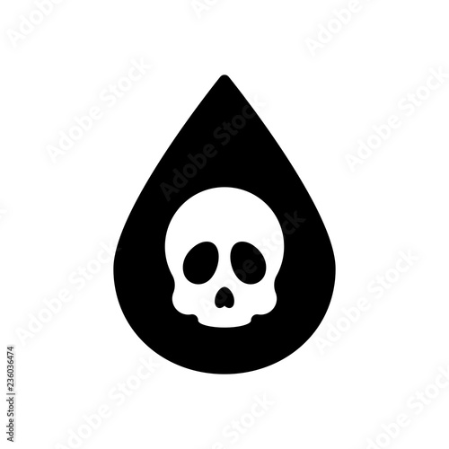 Drop of poison or acid with skull symbol. Icon of danger. Black