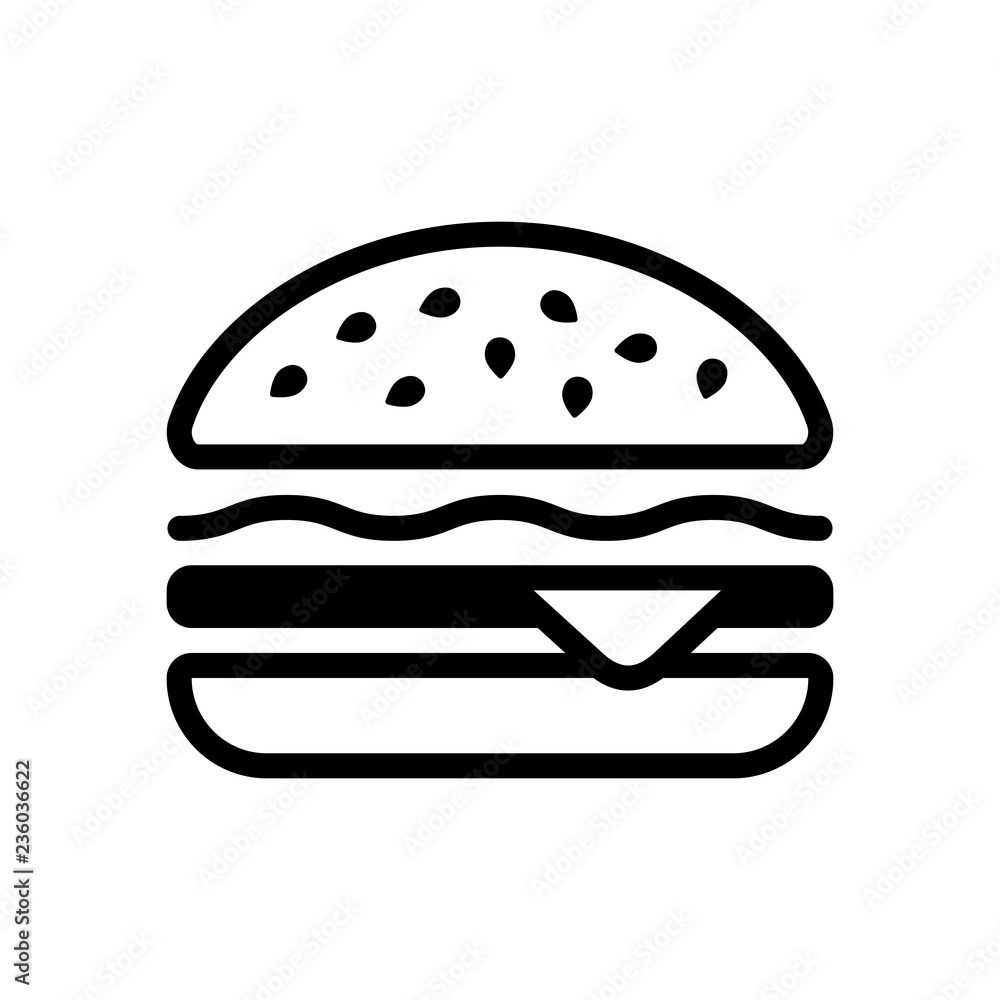 Hamburger icon. Fast food. Linear outline symbol. Black icon on Hamburger icon. Fast food. Linear outline symbol. Black icon on