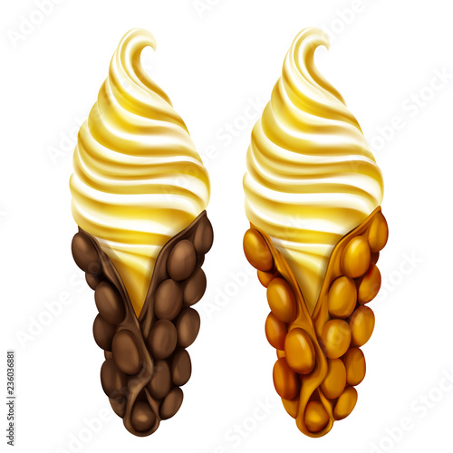 Two Hong Kong egg bubble waffles filled with caramel ice cream 3d realistic vector isolated on white background. Popular sweets with cream and toppings, appetizing fast food confectionery illustration