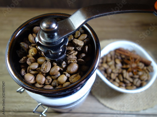 coffee beans in a coffee grinder
