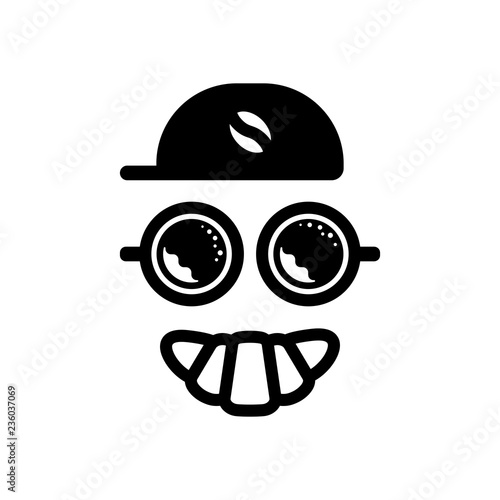 Coffee character, croissant smile, cap with grain, espresso logo