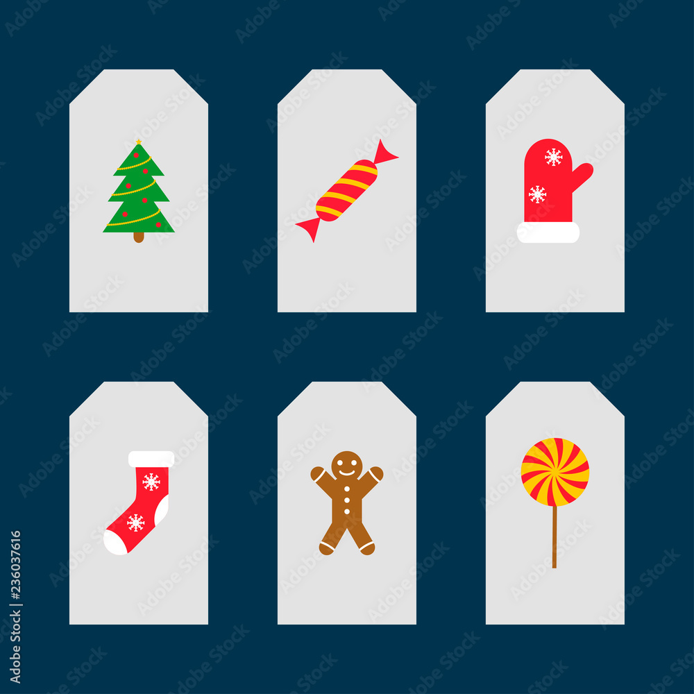 Fototapeta premium Cards with christmas icons. Gingerbread man,christmas tree, candies, sock. Vector illustration