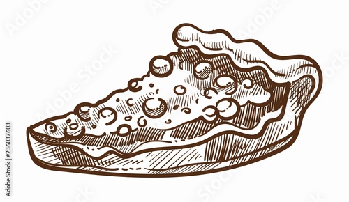 Sweet cake slice with berries and raisins monochrome sketch outline