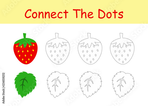 Strawberry coloring fun and connect the dots worksheet for kindergarten vector illustration design