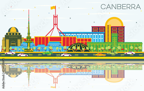 Canberra Australia City Skyline with Color Buildings, Blue Sky and Reflections.