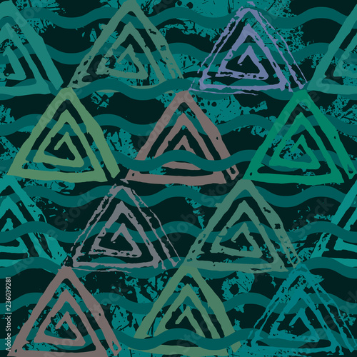 Seamless pattern with textured messy grunge triangles