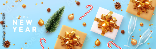 Happy New Year banner, Xmas sparkling gold star with gifts box and golden tinsel realistic glasses. Horizontal Christmas posters, greeting cards, headers, website. Objects viewed from above. Flat lay,
