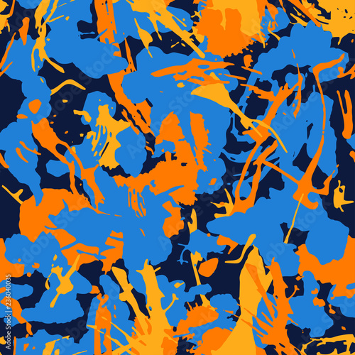 Abstract colorful seamless camouflage pattern with paint strokes and splashes elements for textile. Modern grunge background, seamless texture. Vector