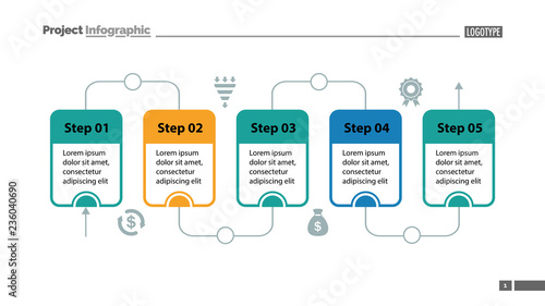 Five steps process chart slide template. Business data. Flow, diagram, design. Creative concept for infographic, presentation. Can be used for topics like management, workflow, teamwork.