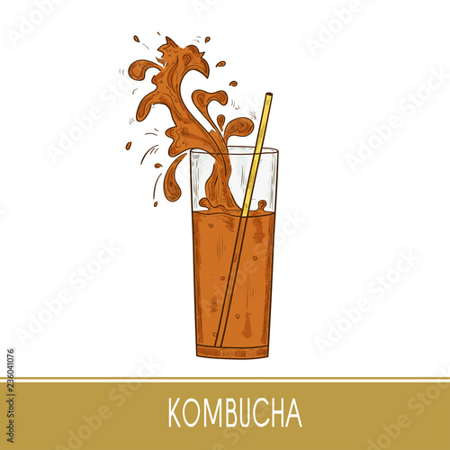 Kombucha. A glass, straw. Splash. On a white background. Sketch.