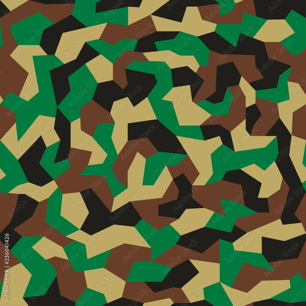 Camouflage with geometric pattern, seamless texture.  Abstract trendy wallpaper in military style. Green khaki color background.