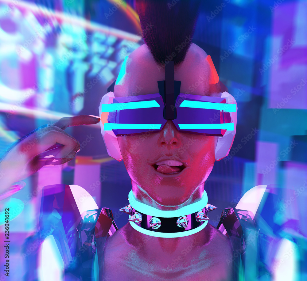 Sci-fi futuristic cyber punk girl neon face in armor suit listening to  music. Stock Illustration | Adobe Stock