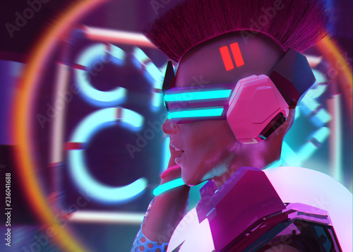 Obraz na plátně Sci-fi cyber robot punk girl in armor suit portrait profile.