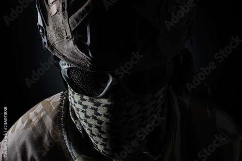 Military soldier equipped face. photo