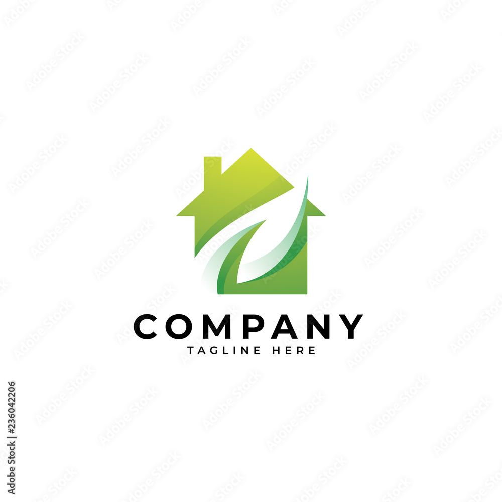 Modern green living logo, gradient color, house building and leaf vector  icon Stock Vector