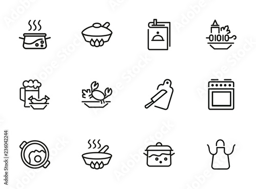 Cooking line icon set. Set of line icons on white background. Kitchenware concept. Knife, frying pan, stewing.  Vector illustration can be used for topics like cooking, food, kitchen