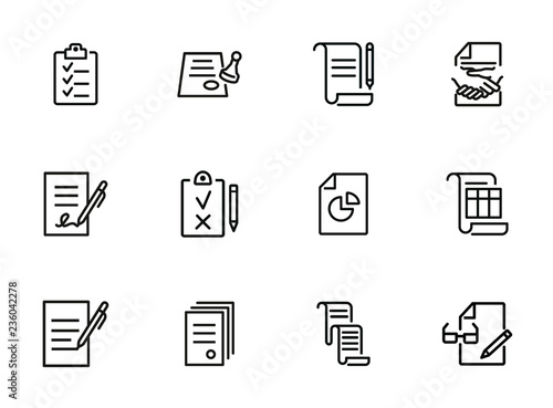 Documents line icon set. Set of line icons on white background. Office concept. Contract, report, clipboard. Vector illustration can be used for topics like office job, meeting, postal