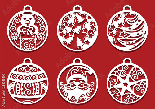 Santa, Pig holding gift inside Christmas balls. Symbol of 2019 for laser cutting. Set of New Year decorations