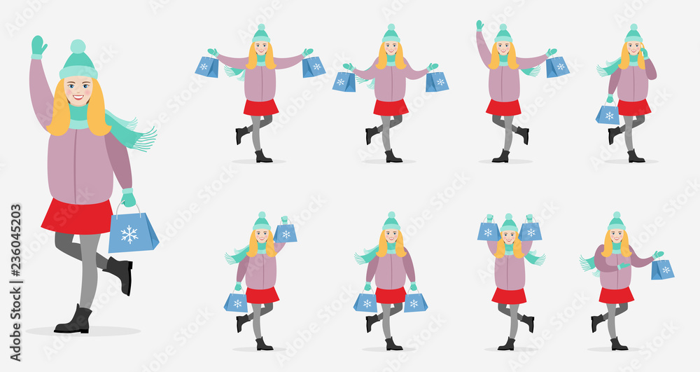 Character girl in winter clothes with shopping. Girl in various poses with purchases in hands. Flat illustrations for design.