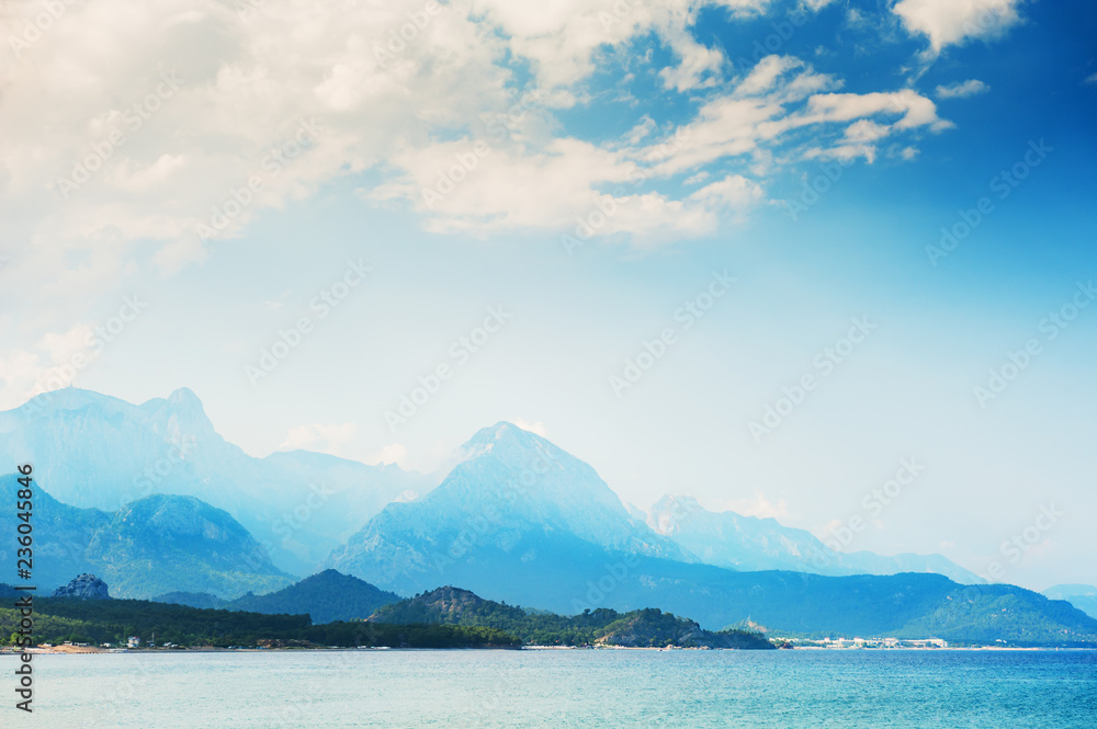 Beautiful view of the mountains and sea coast in Kemer, Turkey.