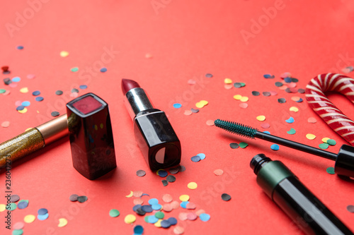 Picture of cosmetics, confetti, christmas decoration