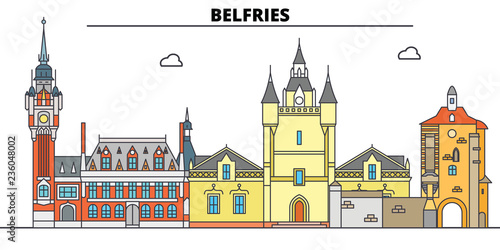 Tableau sur toile Belfries Of Belgium And France  line travel landmark, skyline vector design