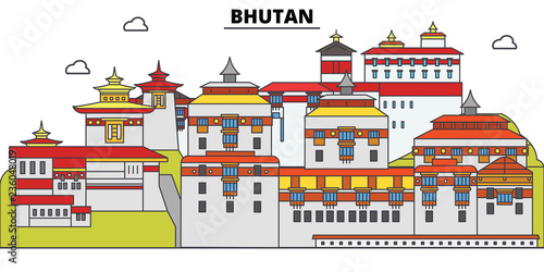 Bhutan line skyline vector illustration. Bhutan linear cityscape with famous landmarks, city sights, vector design landscape.