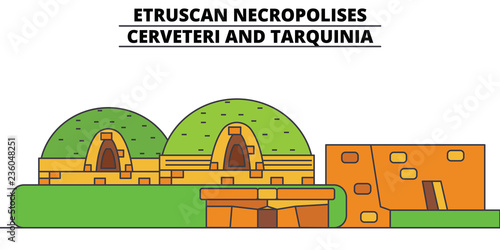Etruscan Necropolises - Cerveteri And Tarquinia  line travel landmark, skyline vector design. Etruscan Necropolises - Cerveteri And Tarquinia  linear illustration. 