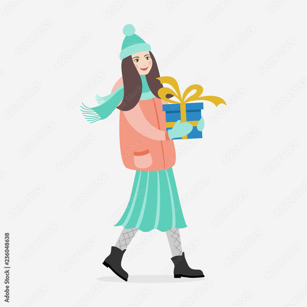 Happy girl carries a gift. Preparing for the New Year and Christmas. Flat illustration for design. Happy girl carries a gift. Preparing for the New Year and Christmas. Flat illustration for design.