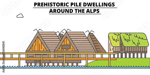 Prehistoric Pile Dwellings - Around The Alps  line travel landmark, skyline vector design. Prehistoric Pile Dwellings - Around The Alps  linear illustration. 