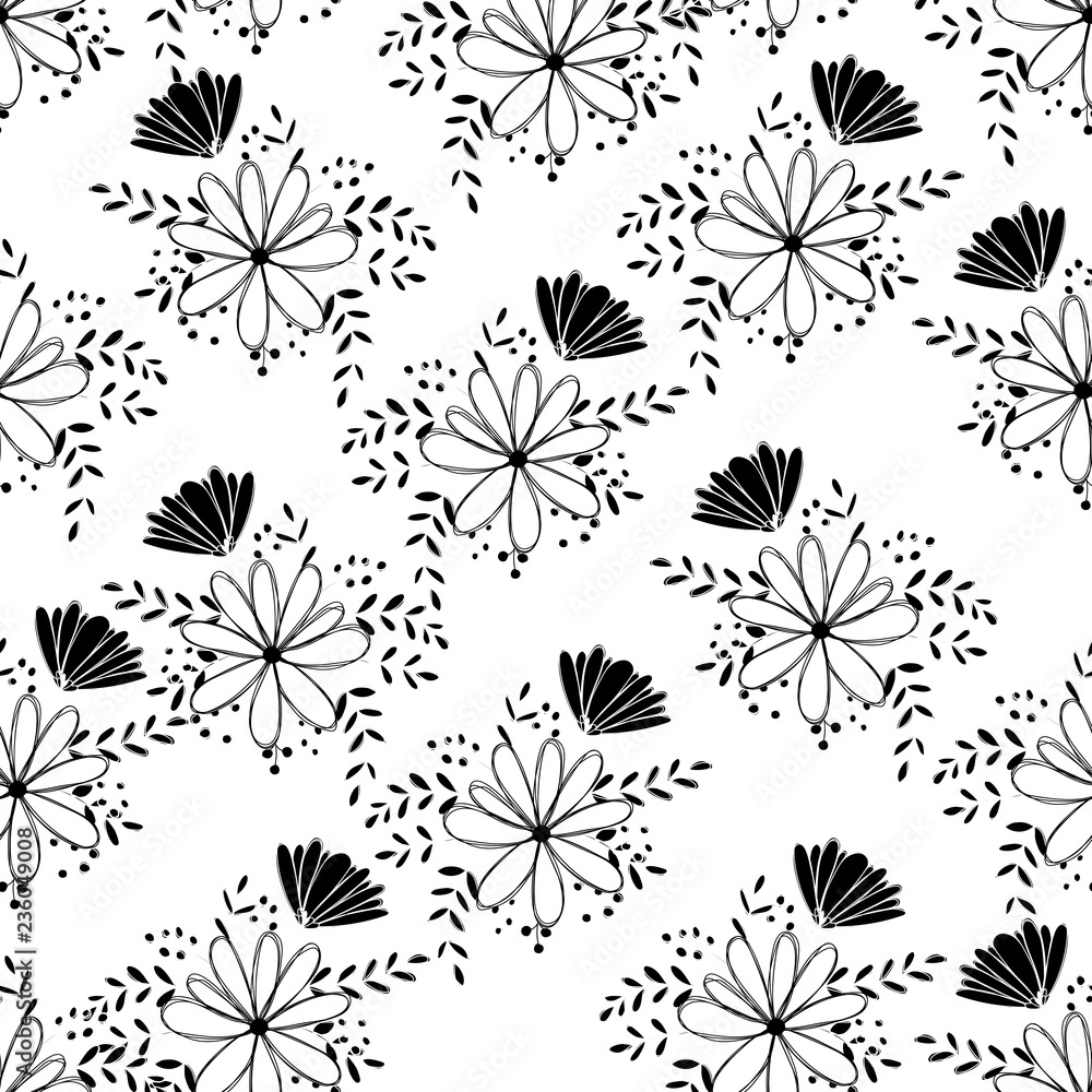 Seamless pattern white Daisy wildflower Abstract black adn white duotone graphic