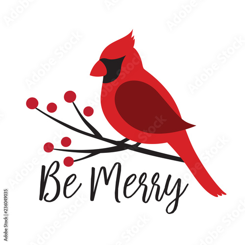 Tablou canvas Red Cardinal bird on a winterberry branch vector illustration