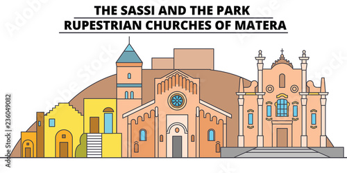 The Sassi And The Park - - Rupestrian Churches Of Matera line travel landmark, skyline vector design. The Sassi And The Park - - Rupestrian Churches Of Matera linear illustration. 