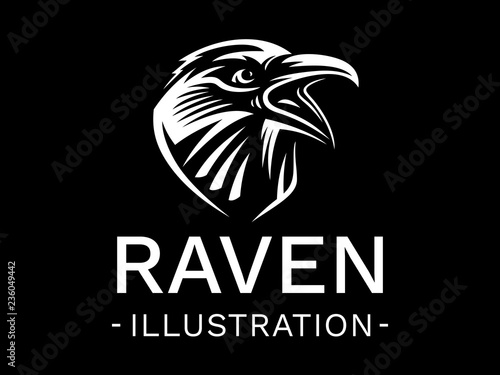 Raven bird head - vector illustration, logo, emblem black and white, one color.