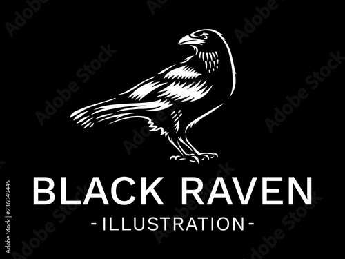 Raven bird - vector illustration, logo, emblem black and white, one color.